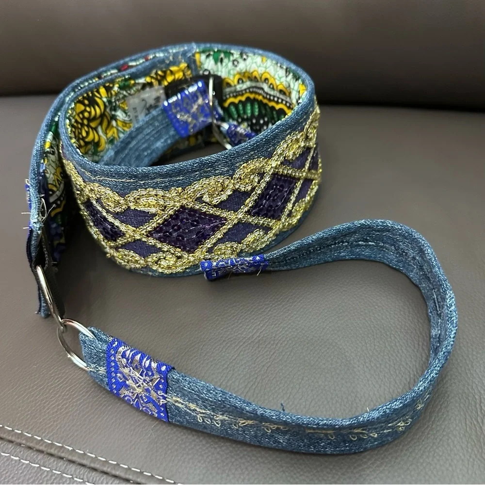 Artisan Denim Belt Handmade OOAK Boho Gold & Purple Sequin 3’ Wide Signed 30-36